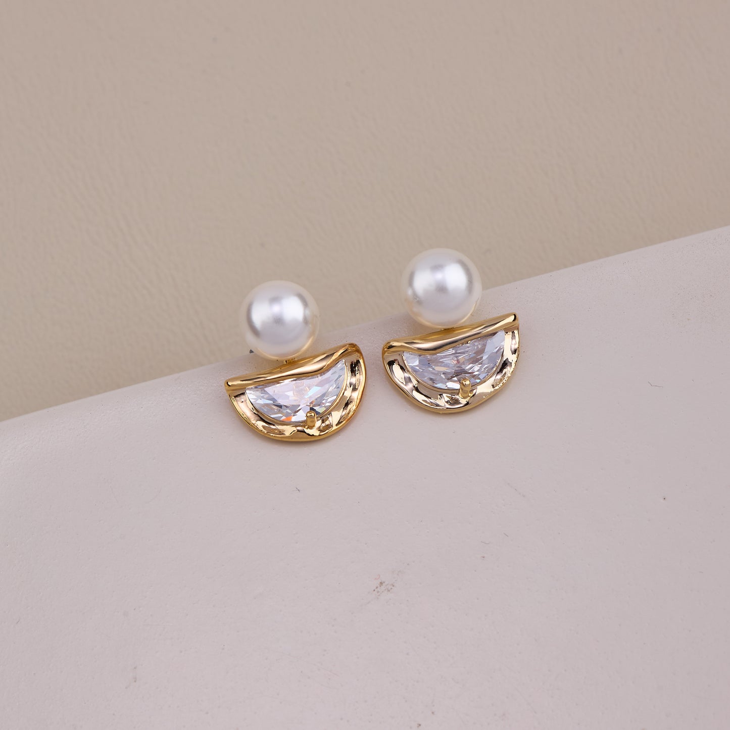Pearl and Crystal Half Moon Stud Earrings