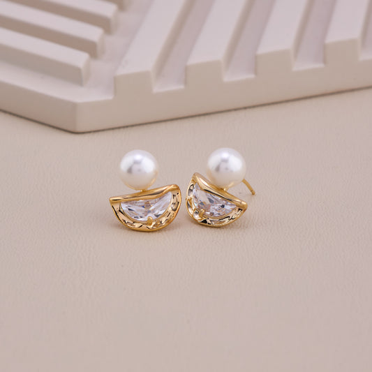 Pearl and Crystal Half Moon Stud Earrings