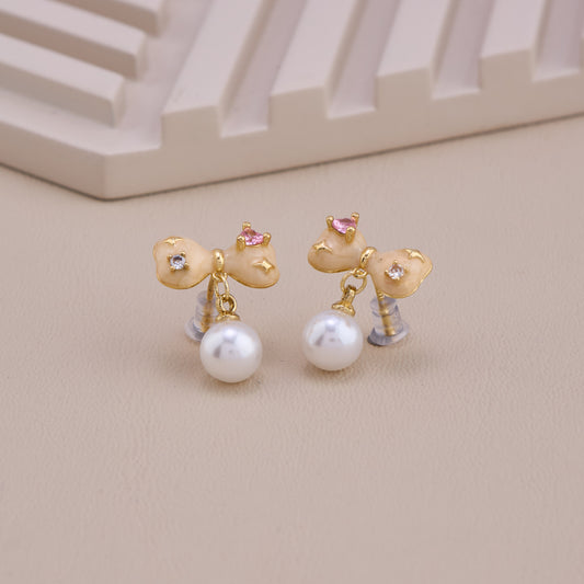 Bow Pearl Drop Stud Earrings