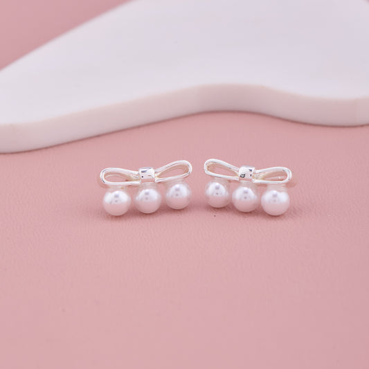 Silver Bow Pearl Stud Earrings