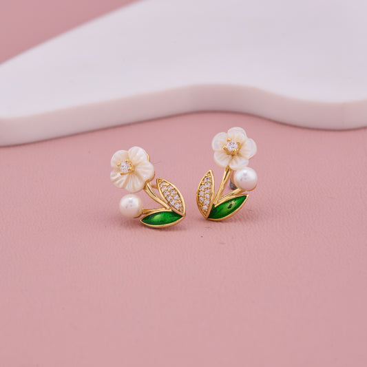 Floral Pearl Leaf Stud Earrings