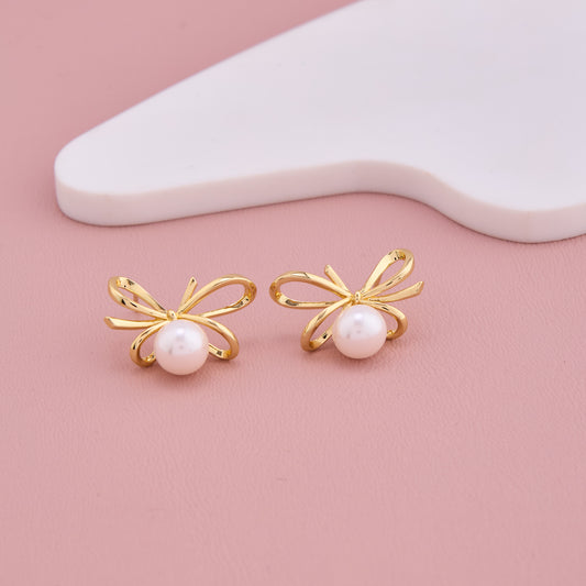 Golden Ribbon Pearl Stud Earrings