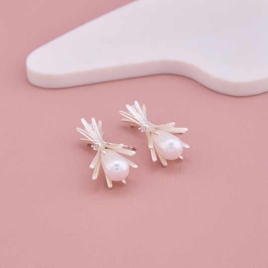 Silver Leaf Drop Pearl Earrings