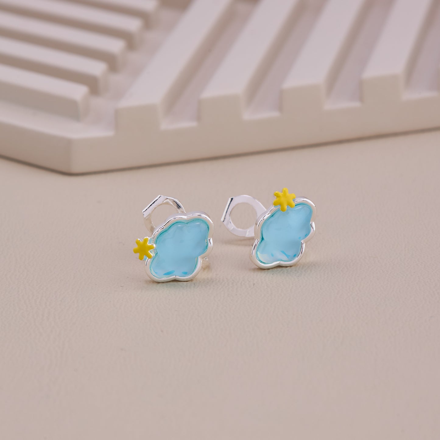Blue Cloud Stud Earrings with Yellow Star Accent