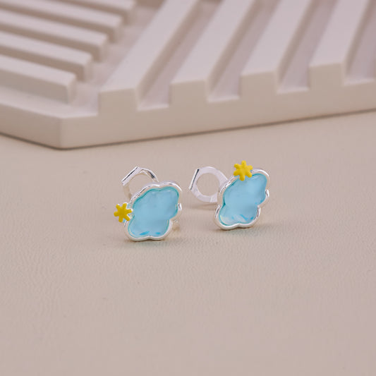Blue Cloud Stud Earrings with Yellow Star Accent