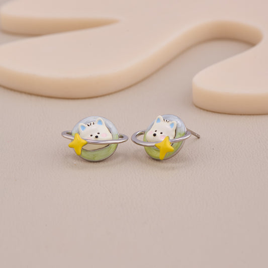 Cosmic Cat Planet Stud Earrings