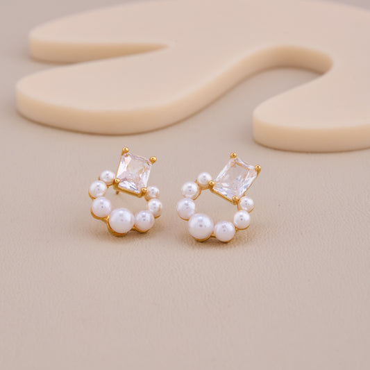 Pearl & Crystal Circle Stud Earrings