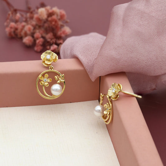 Gold Earrings with Pearls & Floral Motifs