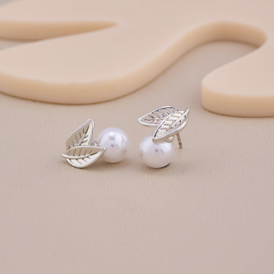 Silver Leaf Pearl Studs