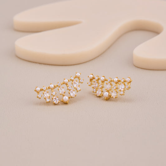 Golden Pearl & Crystal Cascade Earrings