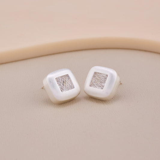 Frosted Silver Grid Stud Earrings