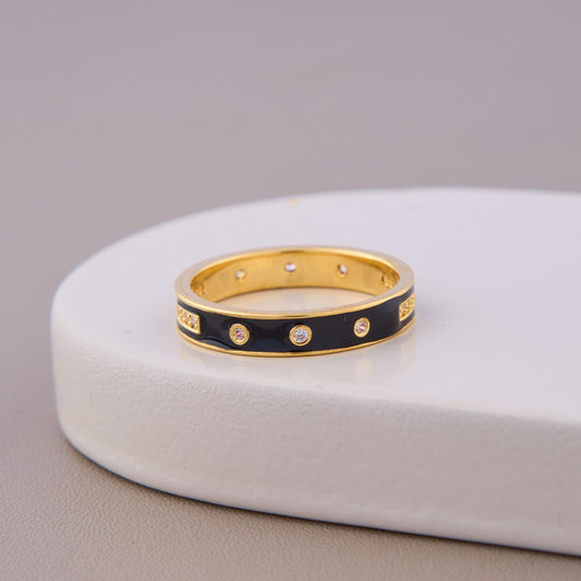 Gold Black Enamel CZ Ring
