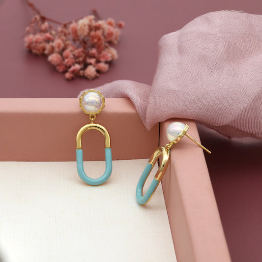 Gold and Sky Blue Combination Oval Earrings