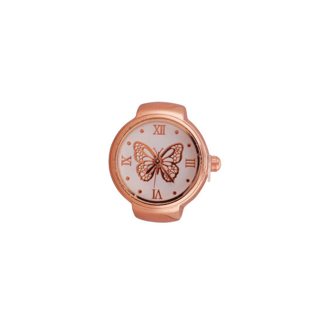 Elegant Rose Gold Ring Watch with Butterfly Dial & Roman Numerals