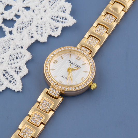 Elegant Gold Women’s Watch with Crystal-Studded Dial & Bracelet