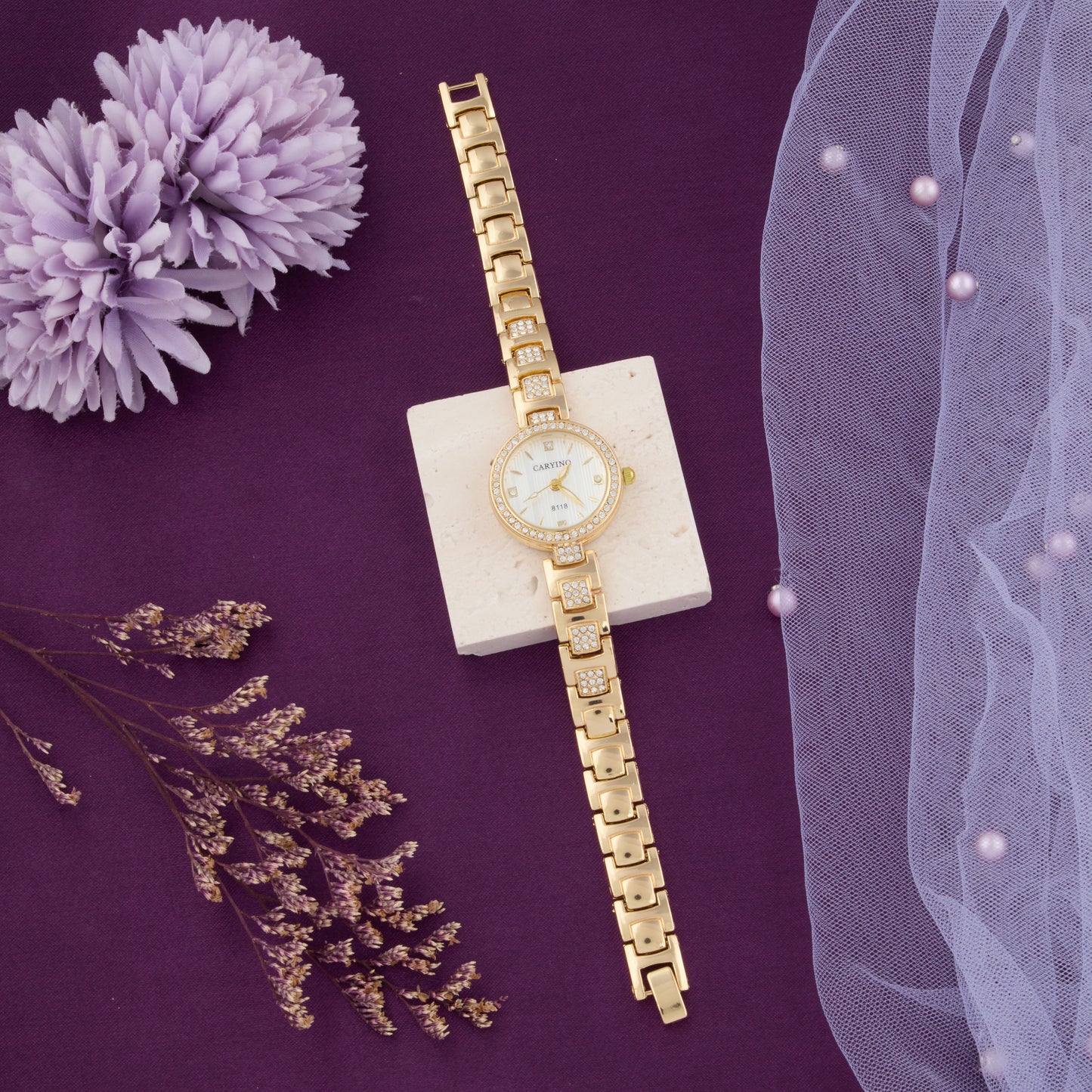 Elegant Gold Women’s Watch with Crystal-Studded Dial & Bracelet