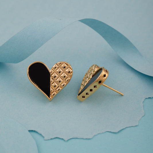Black & Gold Textured Heart Stud Earrings for Women & Girls