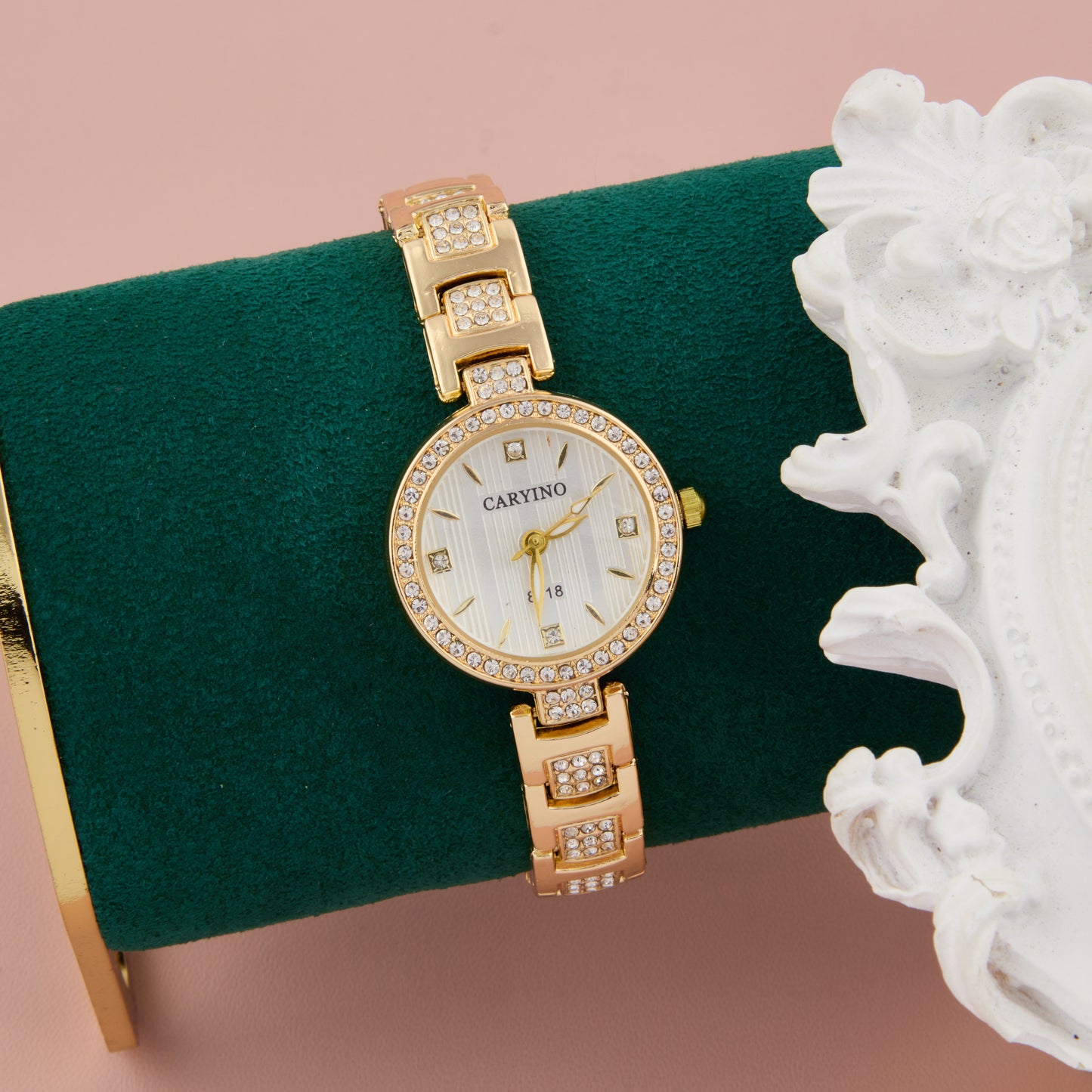 Elegant Gold Women’s Watch with Crystal-Studded Dial & Bracelet