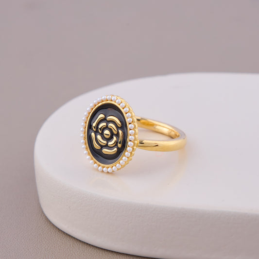 Black Enamel Floral Oval Ring