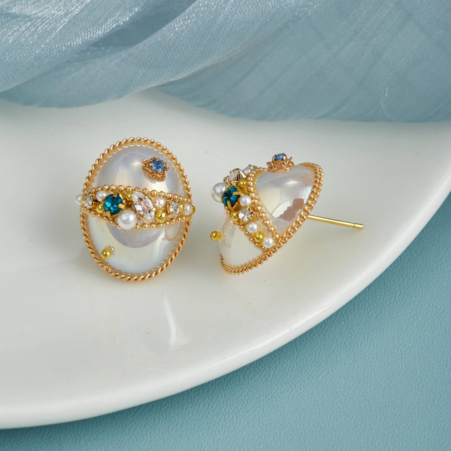 Gold Plated Oval Stud Earrings with Crystals & Beads