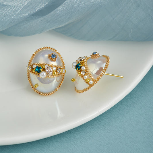Gold Plated Oval Stud Earrings with Crystals & Beads