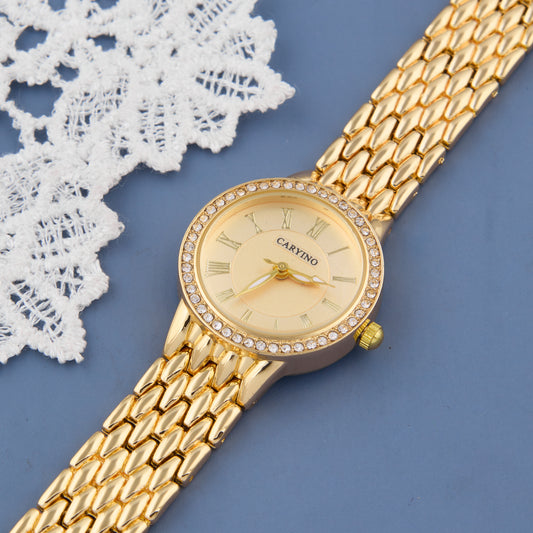 Classic Gold Women's Watch with Roman Numerals & Crystal Bezel
