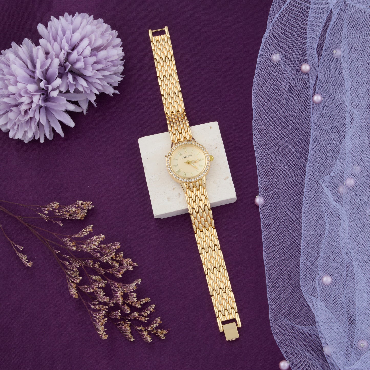 Classic Gold Women's Watch with Roman Numerals & Crystal Bezel