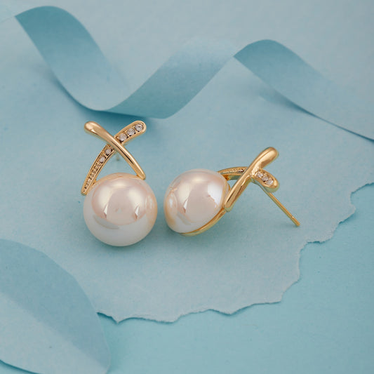 Elegant Pearl Stud Earrings with Gold & Crystal X Design for Women