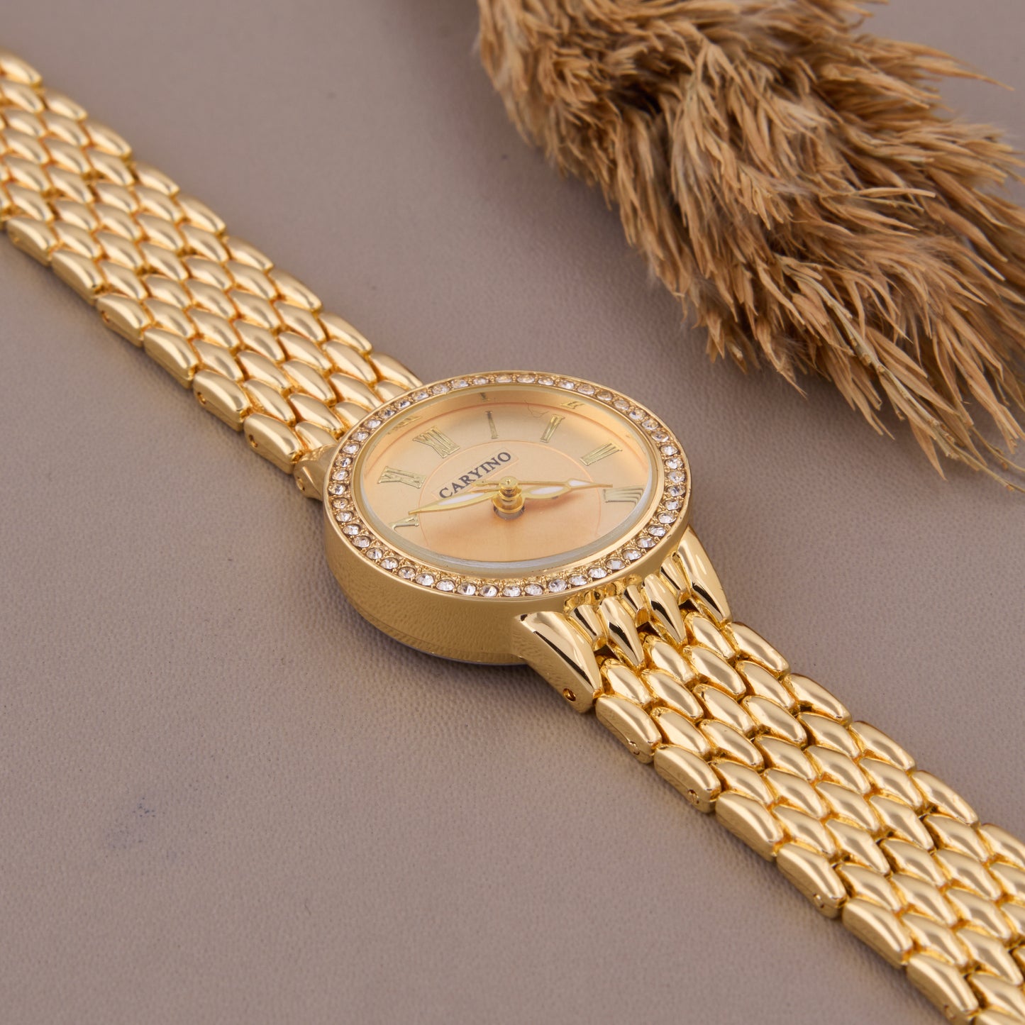 Classic Gold Women's Watch with Roman Numerals & Crystal Bezel
