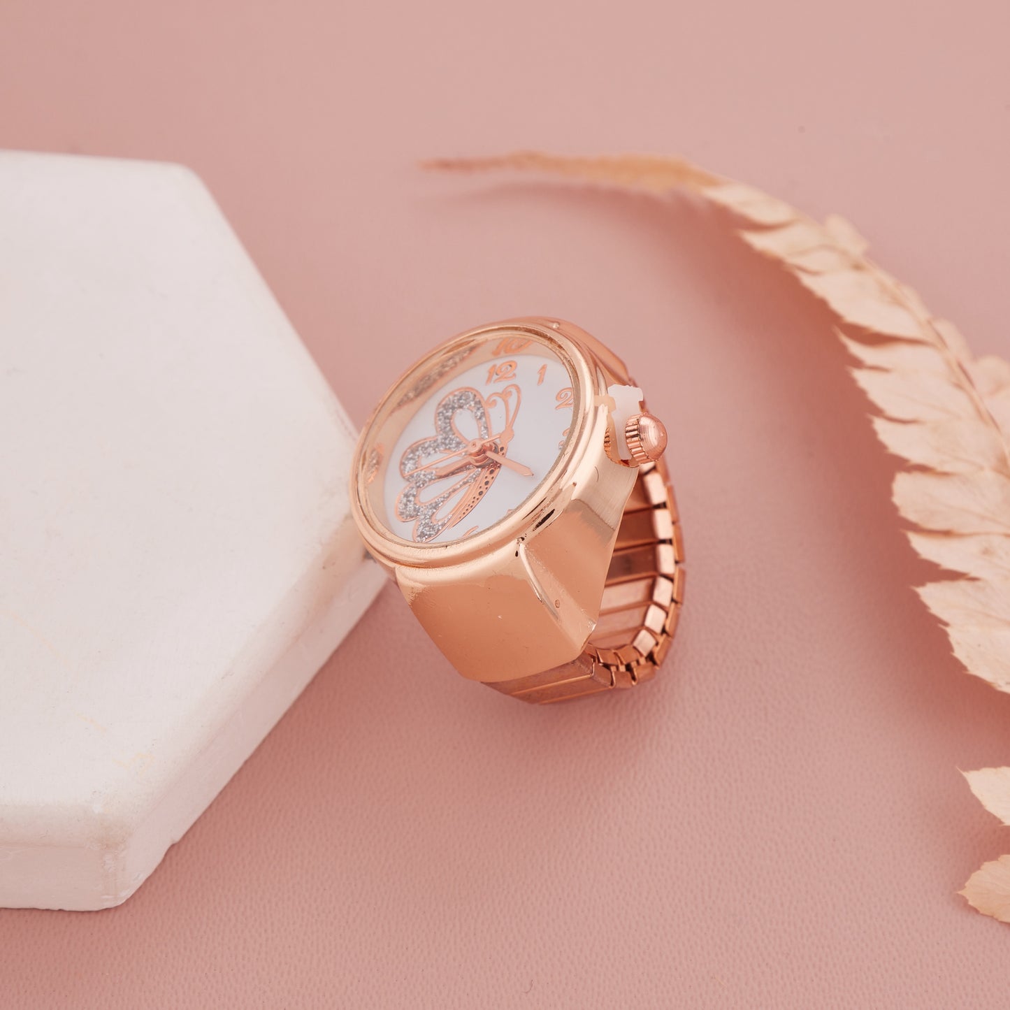 Rose Gold Ring Watch with Grid Dial and Numeric Markers