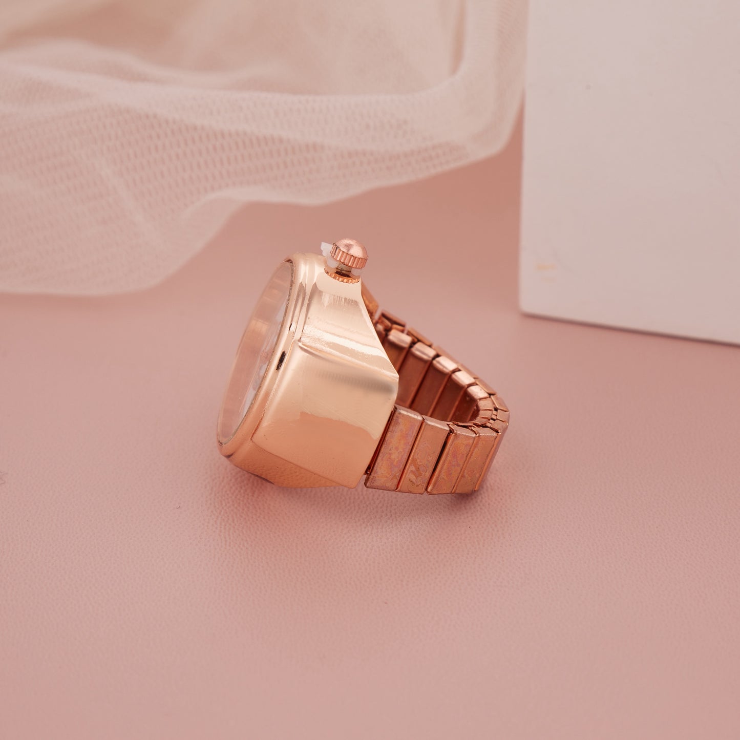 Rose Gold Ring Watch with Grid Dial and Numeric Markers