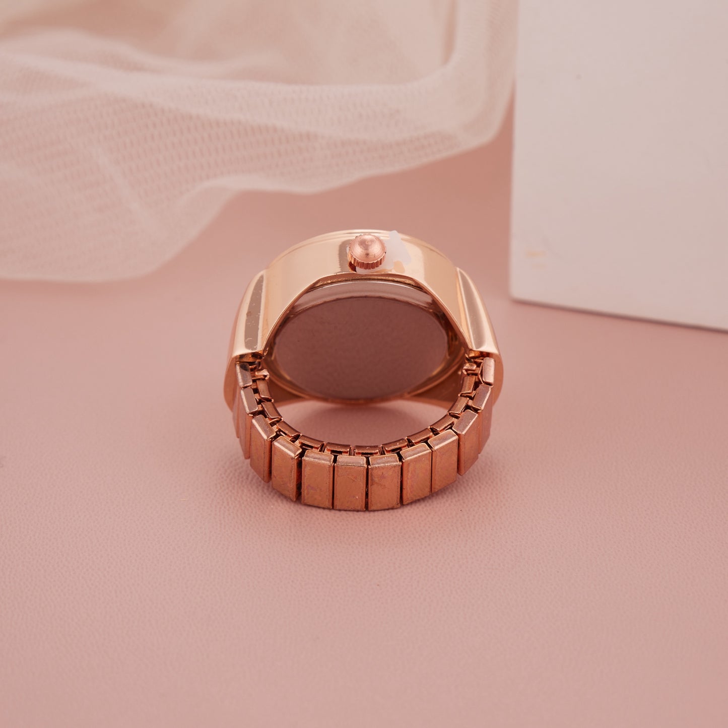Rose Gold Ring Watch with Grid Dial and Numeric Markers