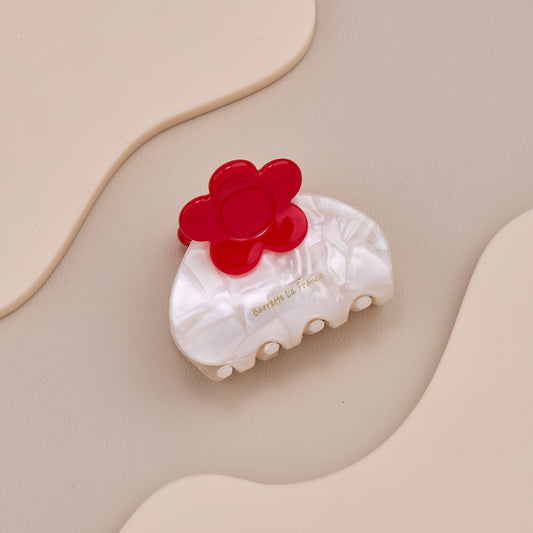 White Pearl Hair Claw Clip with Red Flower