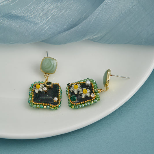 Handmade Black & Green Enamel Earrings