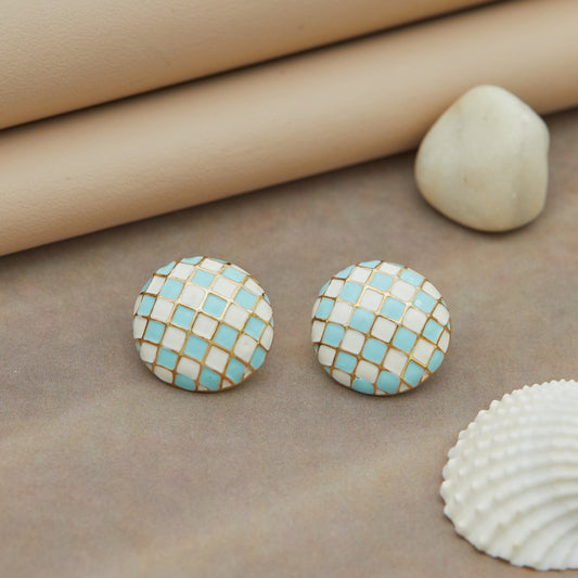 Gold Plated Circular Checkered Stud Earrings