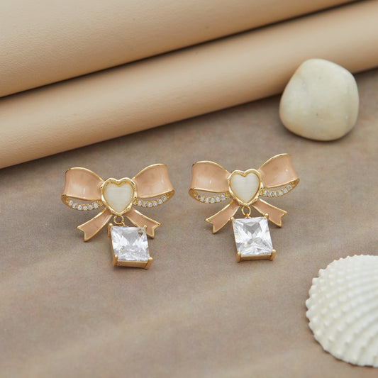 Elegant Bow-Shaped Earrings with Heart and Crystal Accents