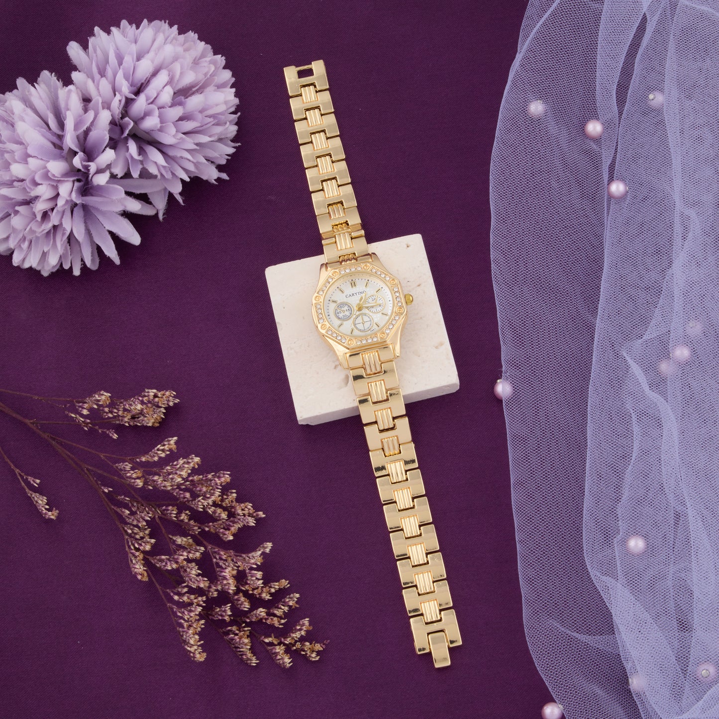 Luxury Gold Women's Analog Watch with Crystal Bezel