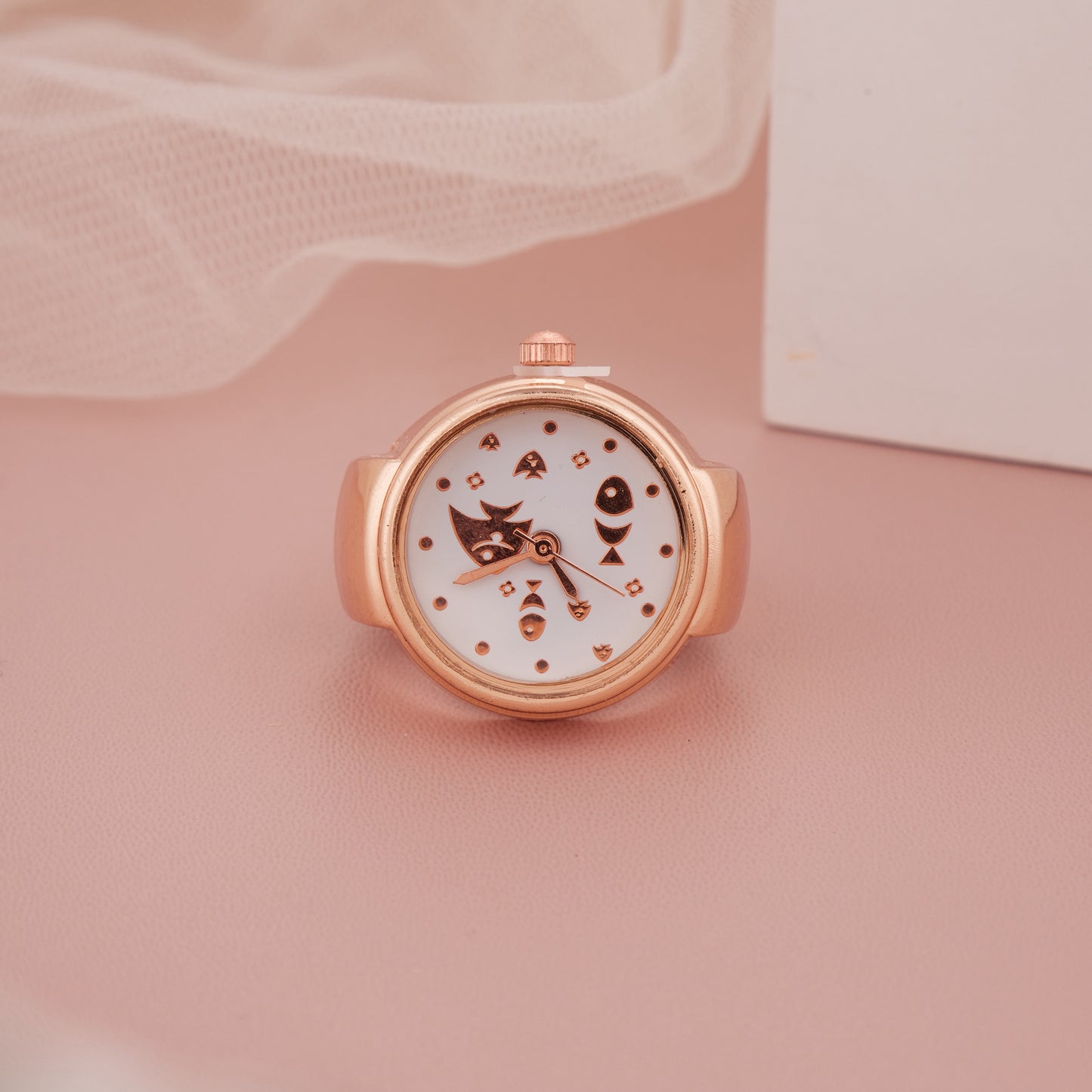 Rose Gold Ring Watch with Textured Silver Dial & Bold Numerals