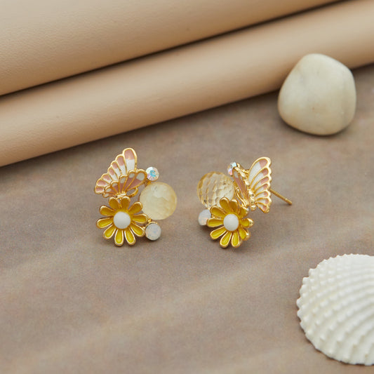 Floral & Butterfly Earrings with Crystal and Enamel Accents
