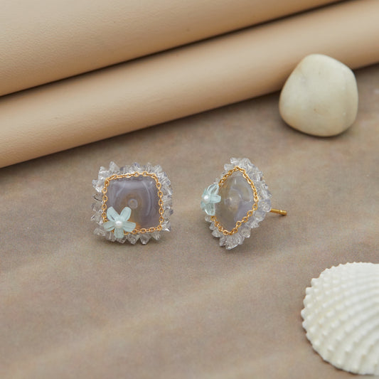 Crystal-Edged Floral Stud Earrings with Agate Center