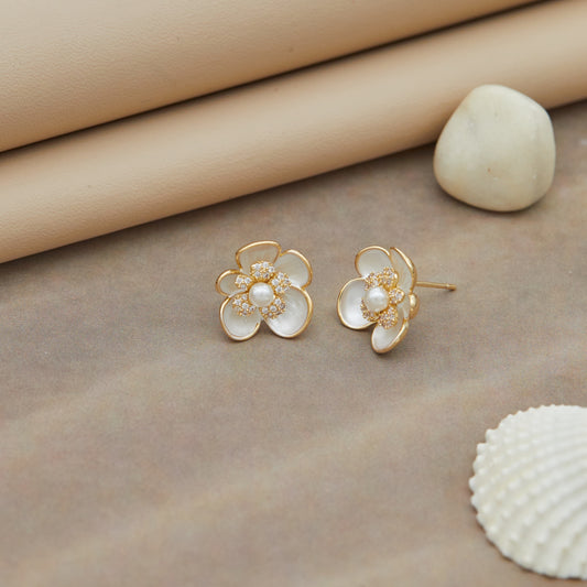 Elegant Pearl & Crystal Floral Stud Earrings