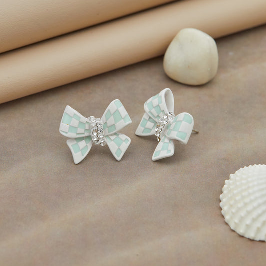 Checkered Bow Stud Earrings with Sparkling Center