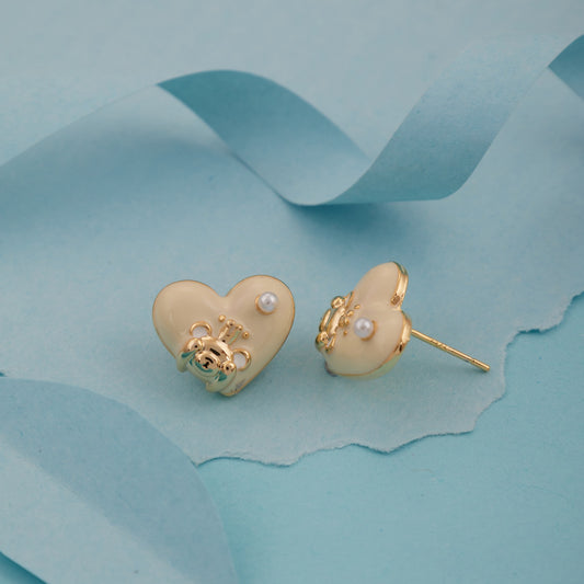 Heart-Shaped Cream Stud Earrings with Teddy & Pearl Detail for Girls