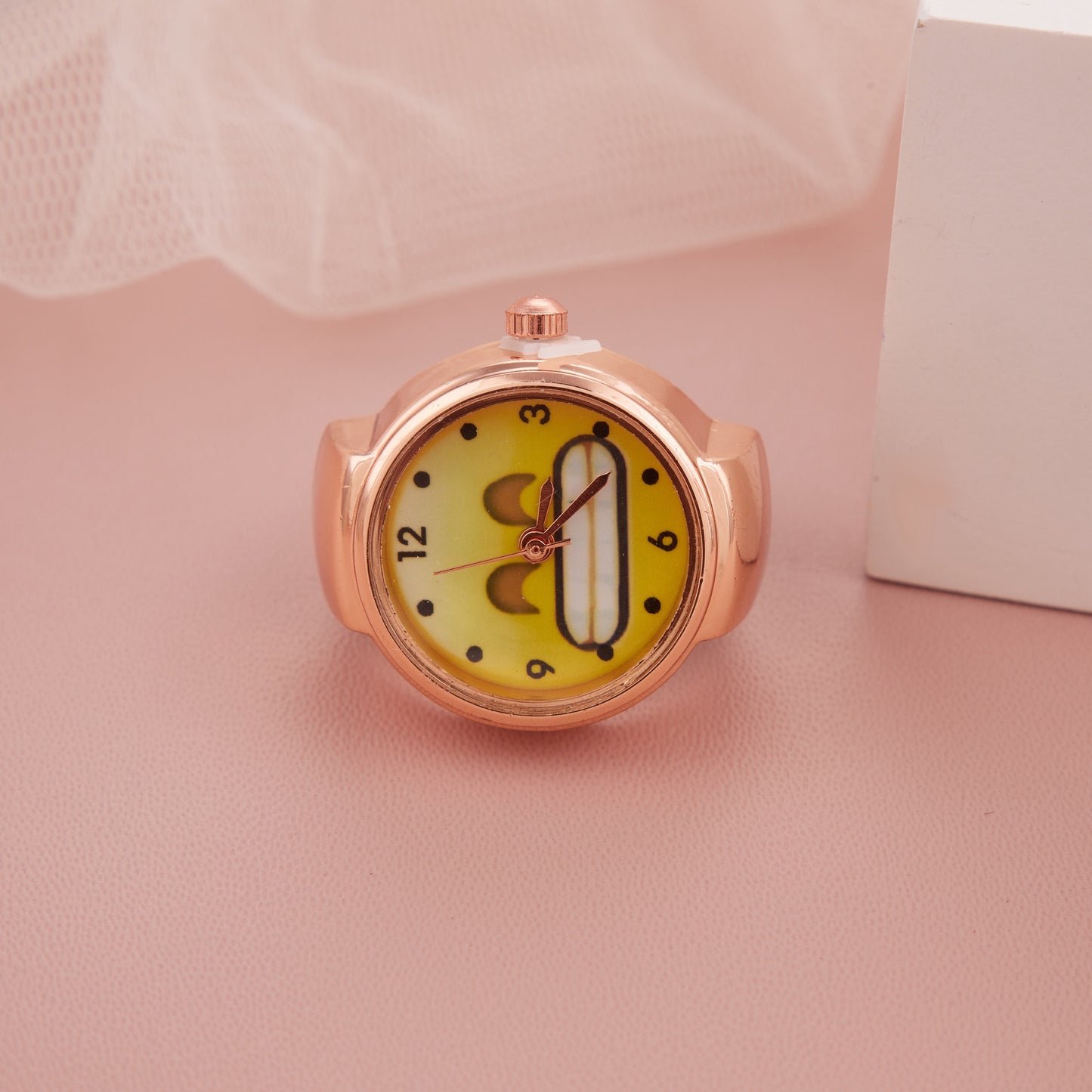 Stylish Yellow Dial Ring Watch with Rose Gold Finish for Women