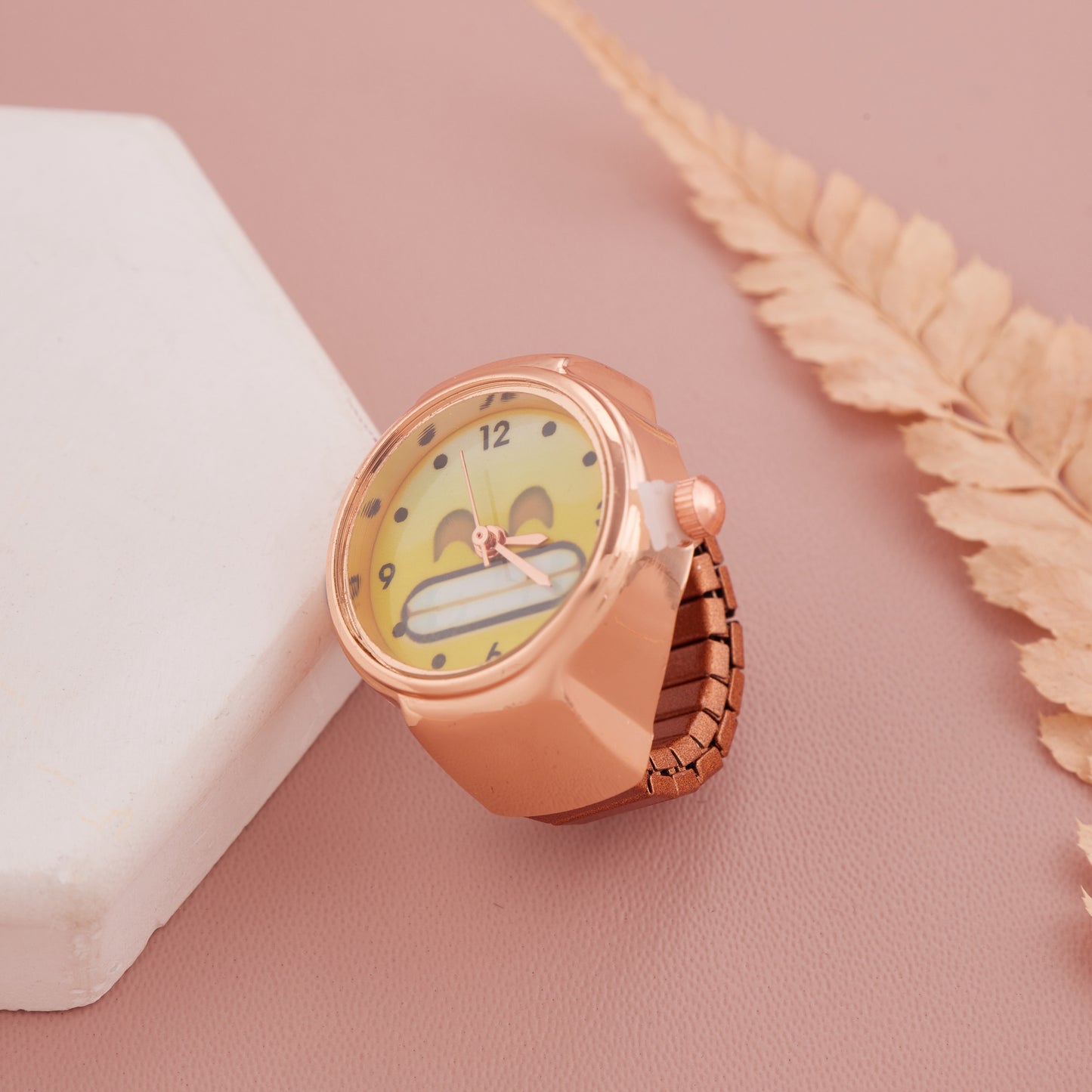 Stylish Yellow Dial Ring Watch with Rose Gold Finish for Women