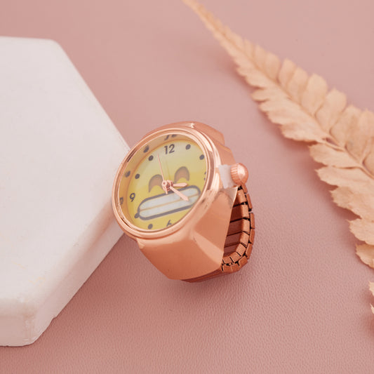 Stylish Yellow Dial Ring Watch with Rose Gold Finish for Women