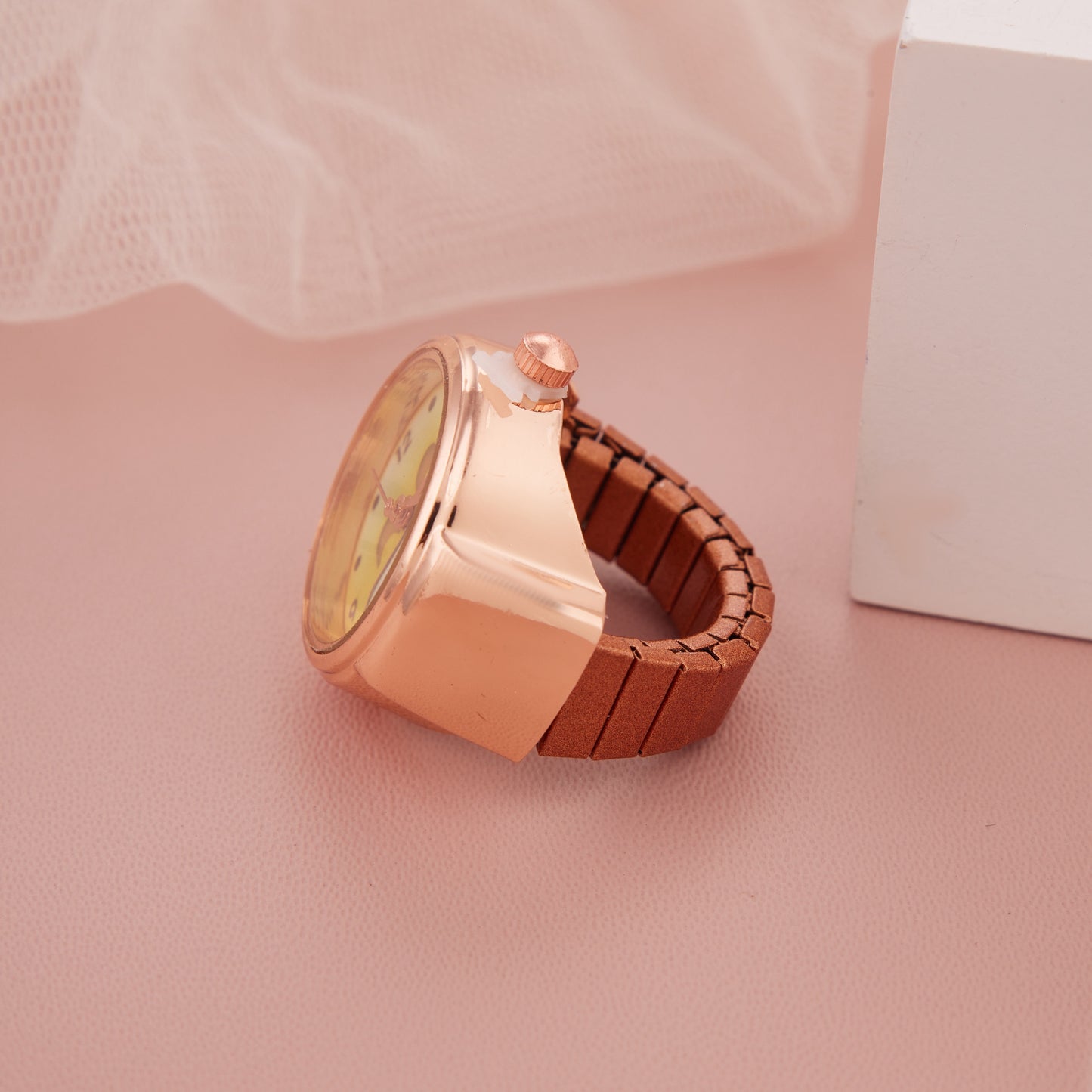 Stylish Yellow Dial Ring Watch with Rose Gold Finish for Women