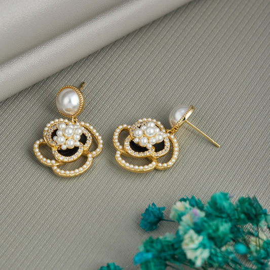 Elegant Gold Pearl Drop Earrings with Floral Design for Women & Girls