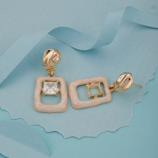 Asymmetrical Gold-Plated Drop Earrings with Square Frame Design for Women