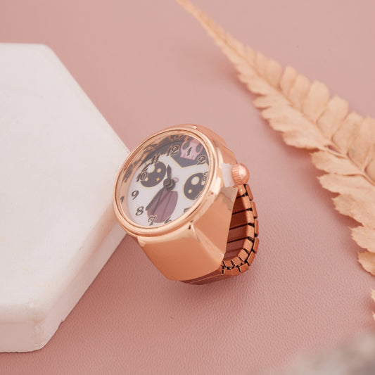 Rose Gold Ring Watch with White Printed Dial for Women
